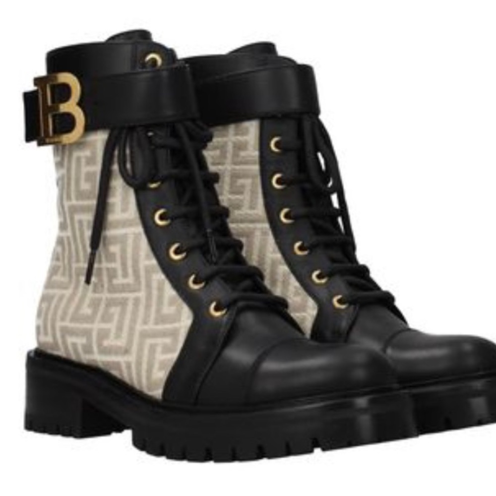 Balmain Ranger Romy Women's White Ankle Boots Fabric Beige Black